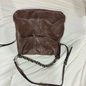 b. makowsky Brown Leather Shoulder Bag with Chain Strap